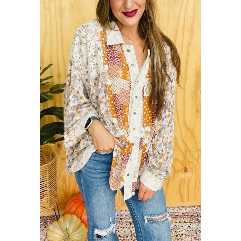 POL Floral + Lace Patchwork Button Down Shirt in Caramel Cream - Picture 5 of 15